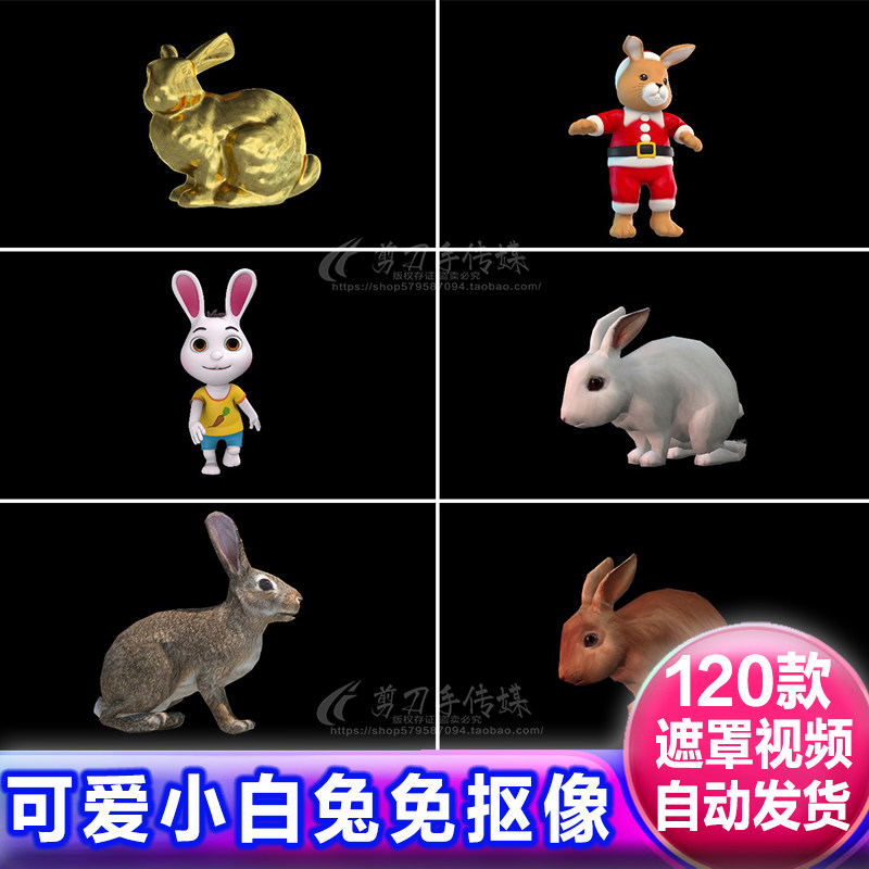 可爱小白兔子跳舞卡通动画免抠像视频alpha透明通道兔年遮罩素材