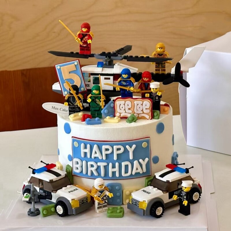 积木忍者乐高直升飞机警车蛋糕装饰摆件男孩生日蛋糕装扮