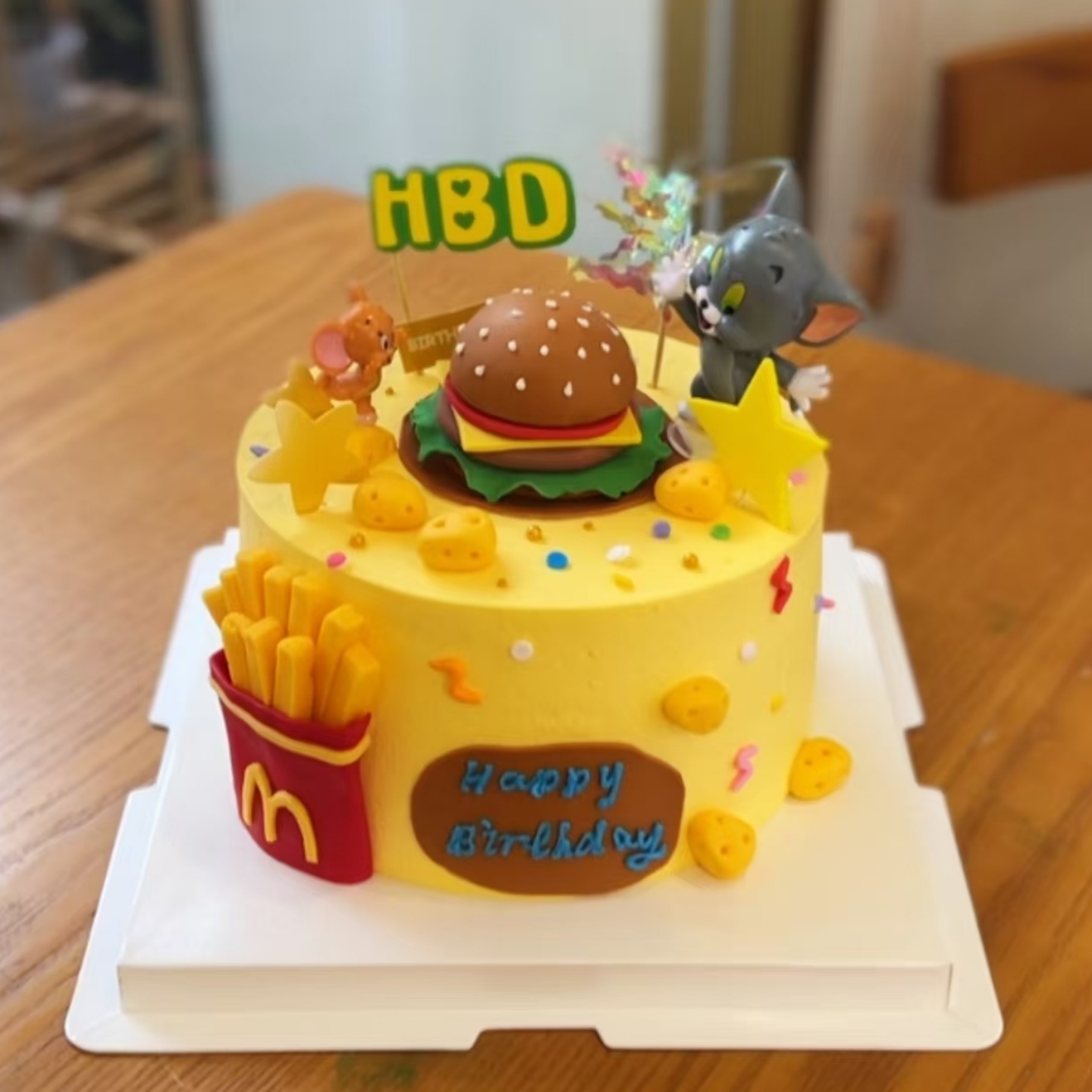 汉堡薯条奶酪蛋糕装饰摆件儿童生日卡通可爱猫和老鼠烘焙装扮插件