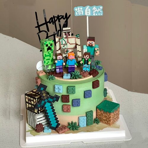 我的世界卡通蛋糕装饰摆件儿童男孩生日主题积木烘焙装扮插件插牌