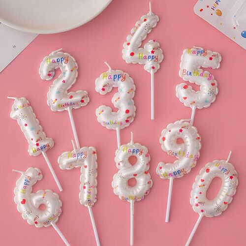 白色生日快乐数字气球蜡烛生日蛋糕装饰彩色HB可爱卡通气球蜡烛