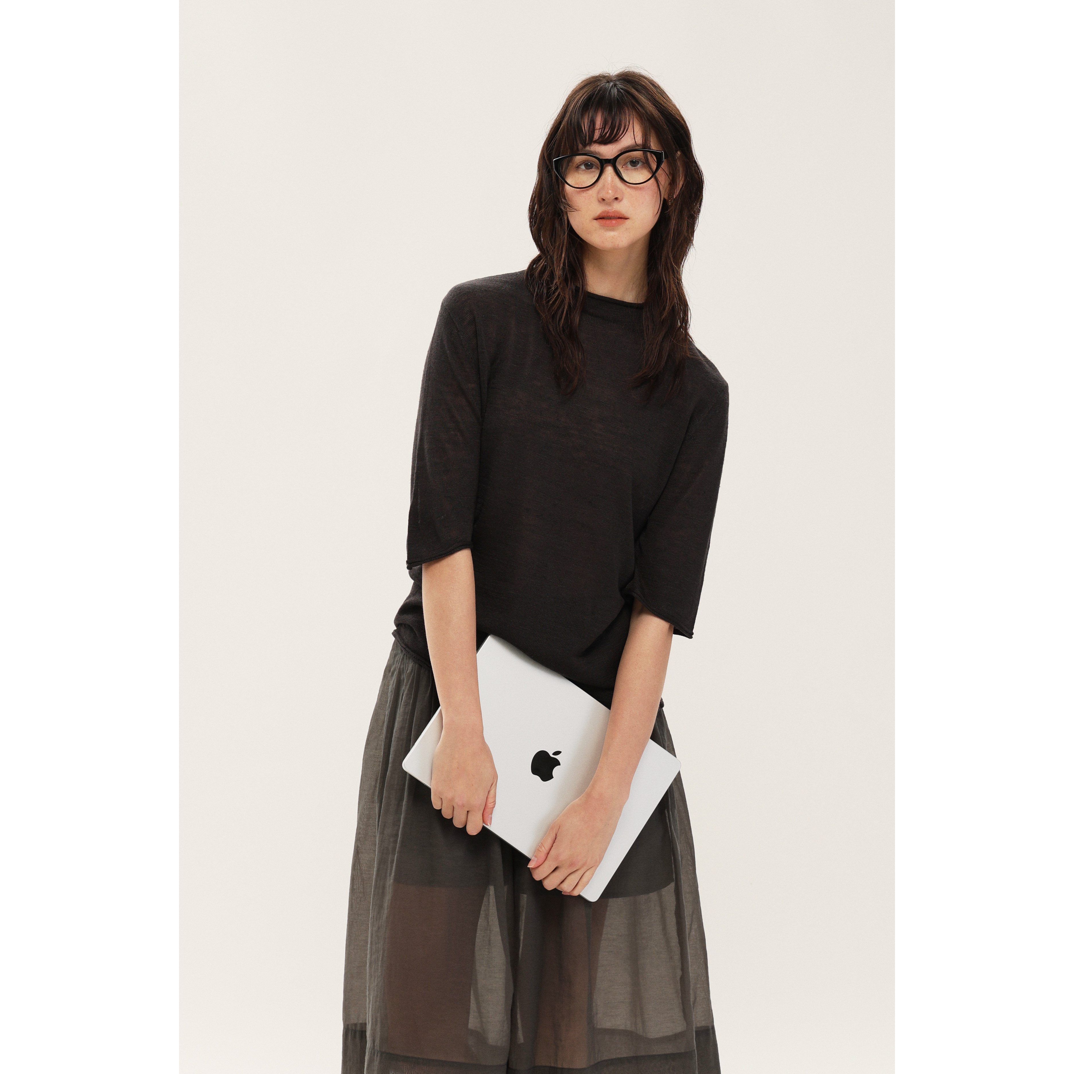 Forme Tome 亚麻混纺松弛感中袖针织衫女宽松短袖针织衫圆领上衣
