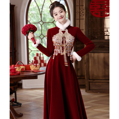 中式敬酒服新娘当天便服冬季加绒长袖结旗袍婚回门红色订婚礼服裙