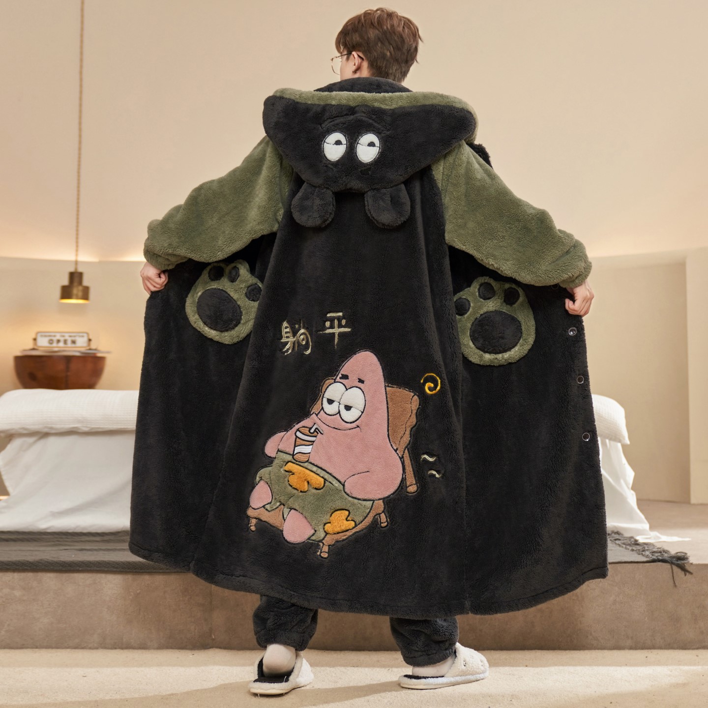 冬季加绒加厚珊瑚绒男士睡衣男款睡袍青少年学生卡通家居服秋冬款