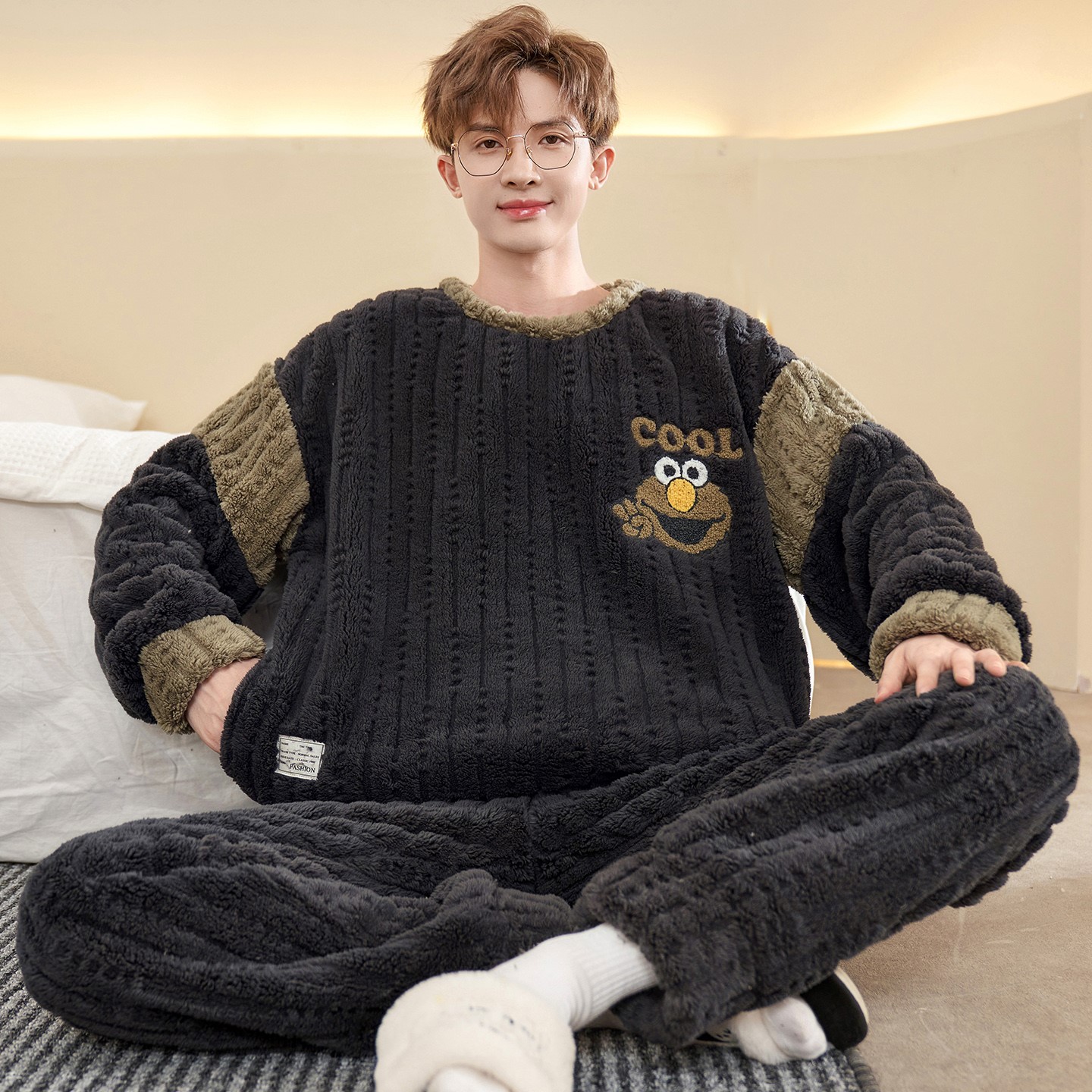 男士睡衣冬天冬季青少年家居服珊瑚绒加绒大码男款学生秋冬款加厚