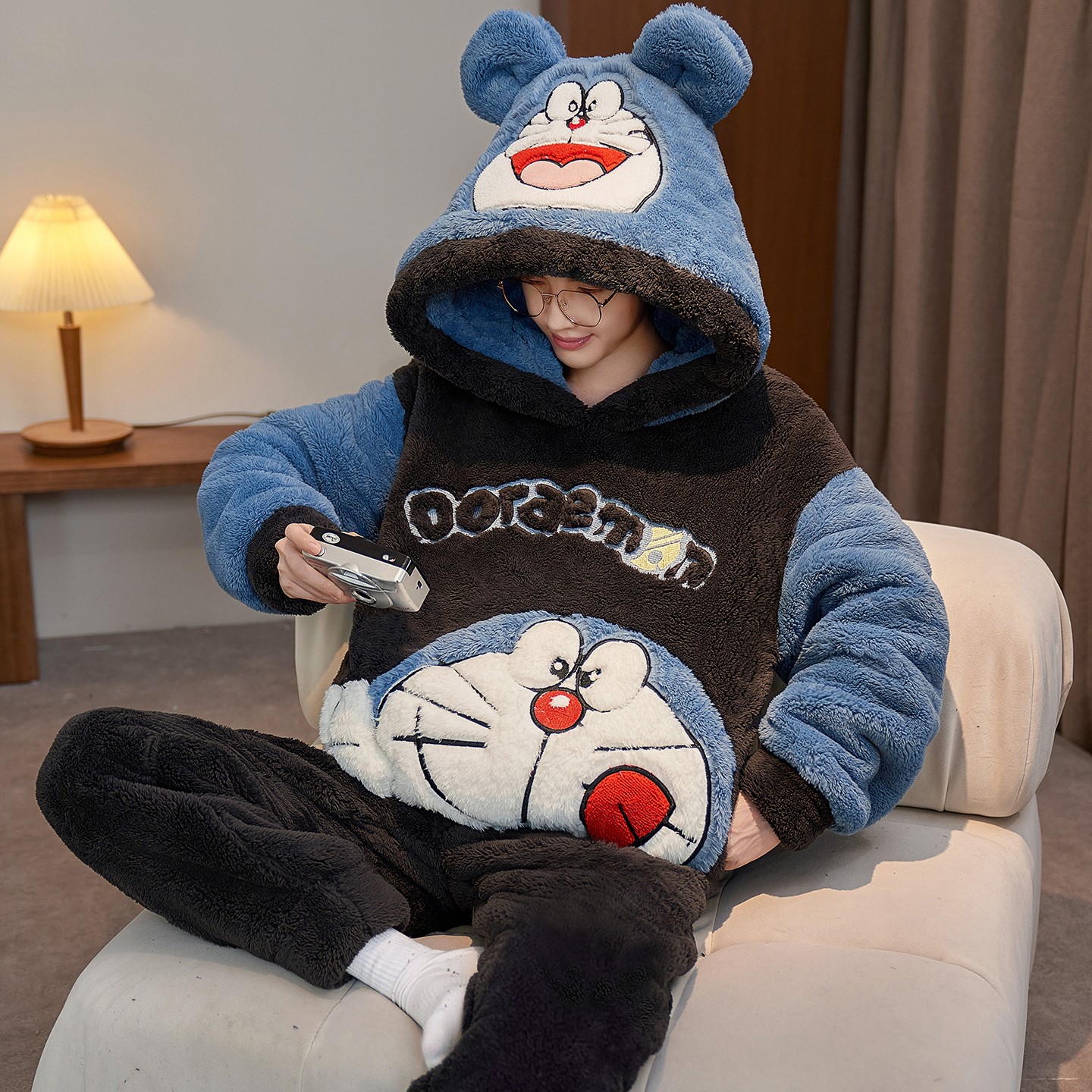 冬季加绒加厚珊瑚绒男士睡衣男款青少年冬天连帽卡通家居服秋冬款