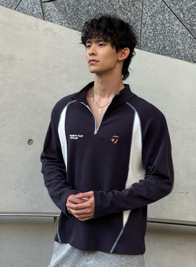 运动风半拉链速干T恤男长袖宽松撞色拼接休闲上衣