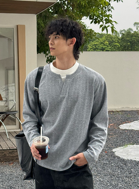 TF极简风假两件亨利领长袖T恤男灰色宽松百搭休闲上衣