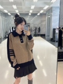 拼色羊毛澳毛大翻领四杠纽扣织带男女套头针织复古围脖毛衣