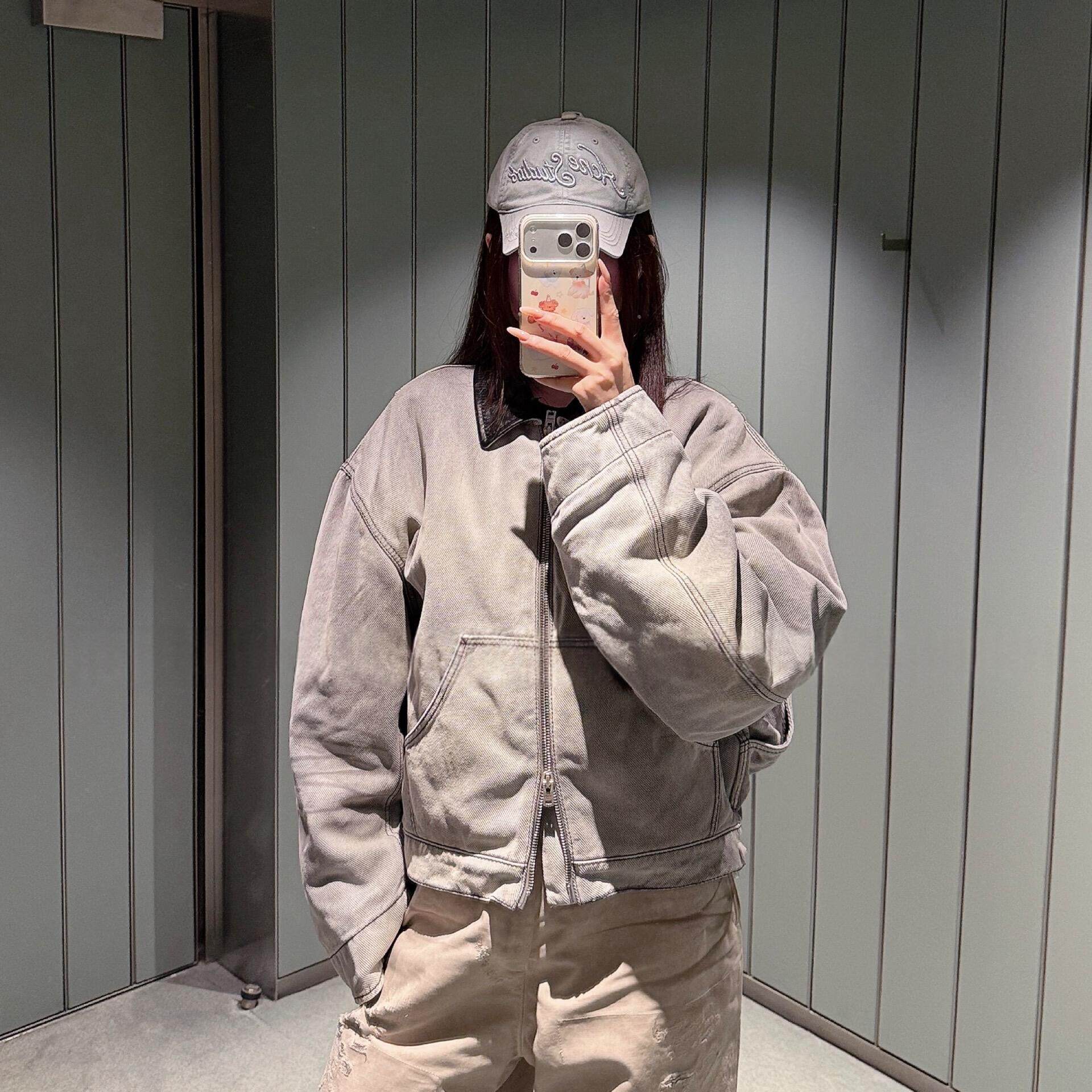 【定制】AC风格做旧皮革棉服牛仔夹克拉链外套男女同款图片