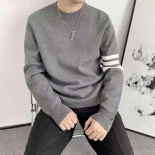 复古休闲日常百搭 经典 四杠圆领纽扣织带针织套头毛衣针织衫