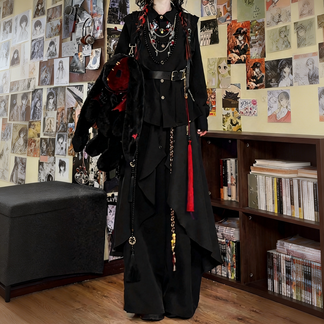 花雨辞暗黑系新中式武侠风套装复古小众酷飒无性别衬衫百搭阔腿裤