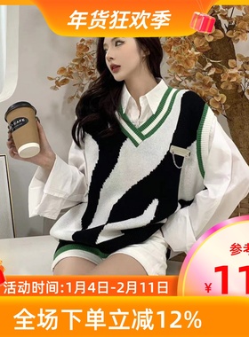 MKManley春季斑马纹不规则学院风撞色v领外搭马甲情侣款针织背心