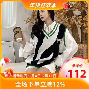 MKManley春季斑马纹不规则学院风撞色v领外搭马甲情侣款针织背心