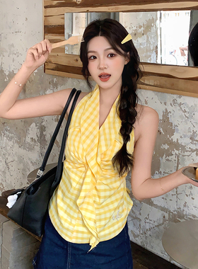 MKManley飘带挂脖上衣女夏季小吊带背心无袖露背荷叶边系带小衫