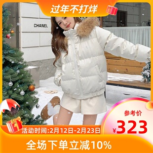 MKManley原创毛领连帽pu皮羽绒服简约百搭外套高级感短款保暖大衣