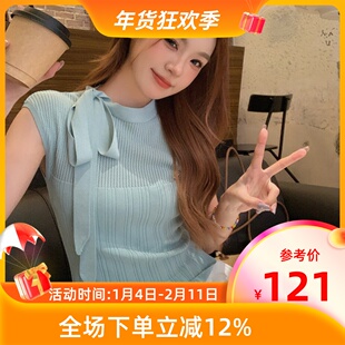 MKManley原创logo设计圆领修身型蝴蝶结绑带小众针织氛围感连肩袖