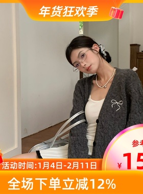 MKManley 秋季V领蝴蝶结开衫毛衣女外套新款慵懒感宽松针织上衣