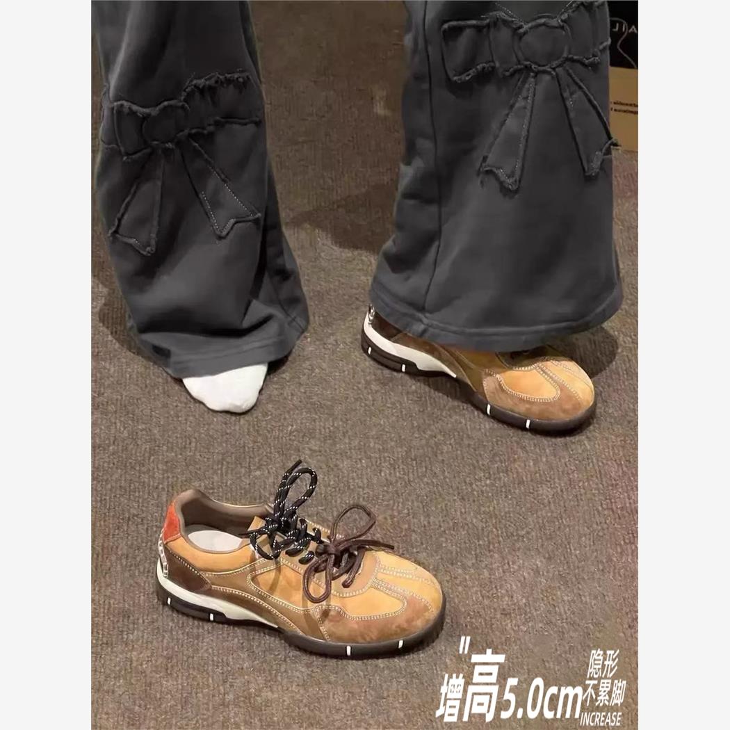 超软羊皮内增高德训鞋女2025秋季新款透气百搭运动覆古厚底阿甘鞋