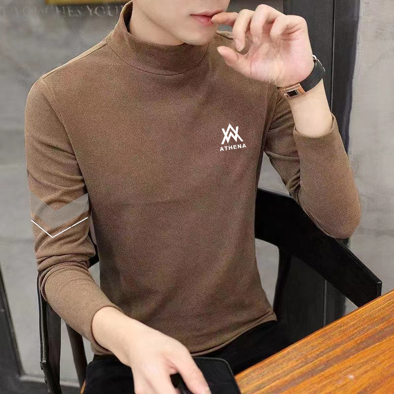 新款秋冬季半高领打底衫男宽松潮内搭黑色中高领秋衣长袖T恤