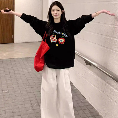 美式黑色纯棉长袖t恤女春秋新款设计感宽松显瘦慵懒风打底衫上衣