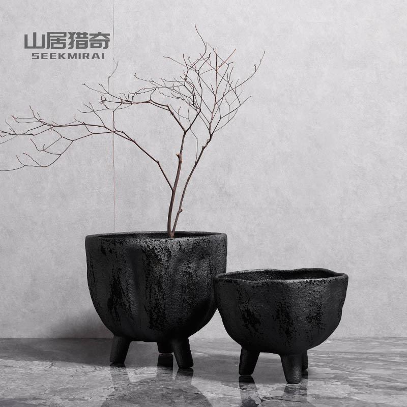 新中式陶瓷花盆高脚花器黑色创意客厅台面插花样板房餐.桌装饰摆