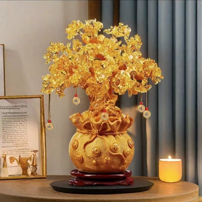 S黄水晶摇钱发财树招财t摆件前台乔迁客厅电视柜新年装饰新居酒柜