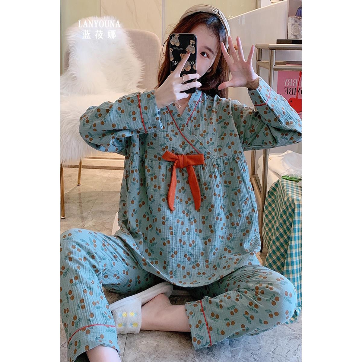 樱桃月子服春秋产后棉纱布薄款孕妇睡衣夏季怀孕3月份哺乳家居服4