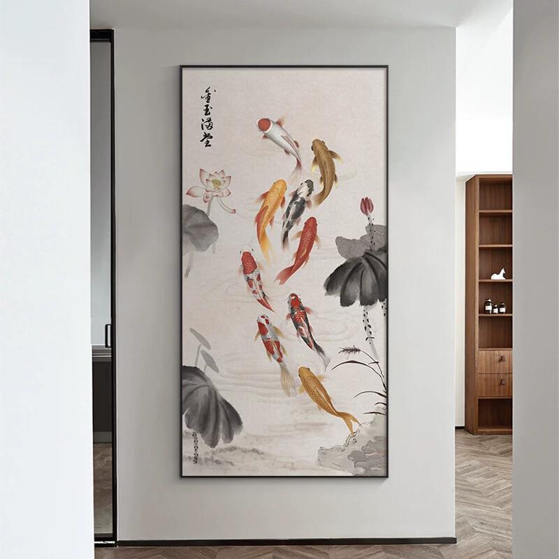 九鱼图荷花玄关装饰画新中式客厅过道壁画入户走廊挂画竖版锦鲤画