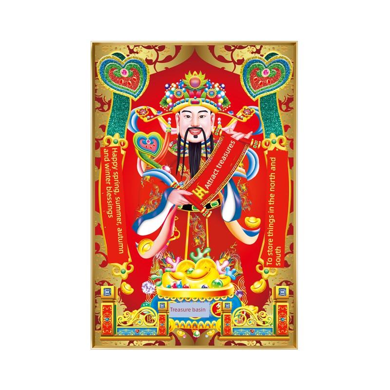 新中式迎财神爷挂画中堂五路财神画像镶钻玄关镇宅招财墙壁装饰画