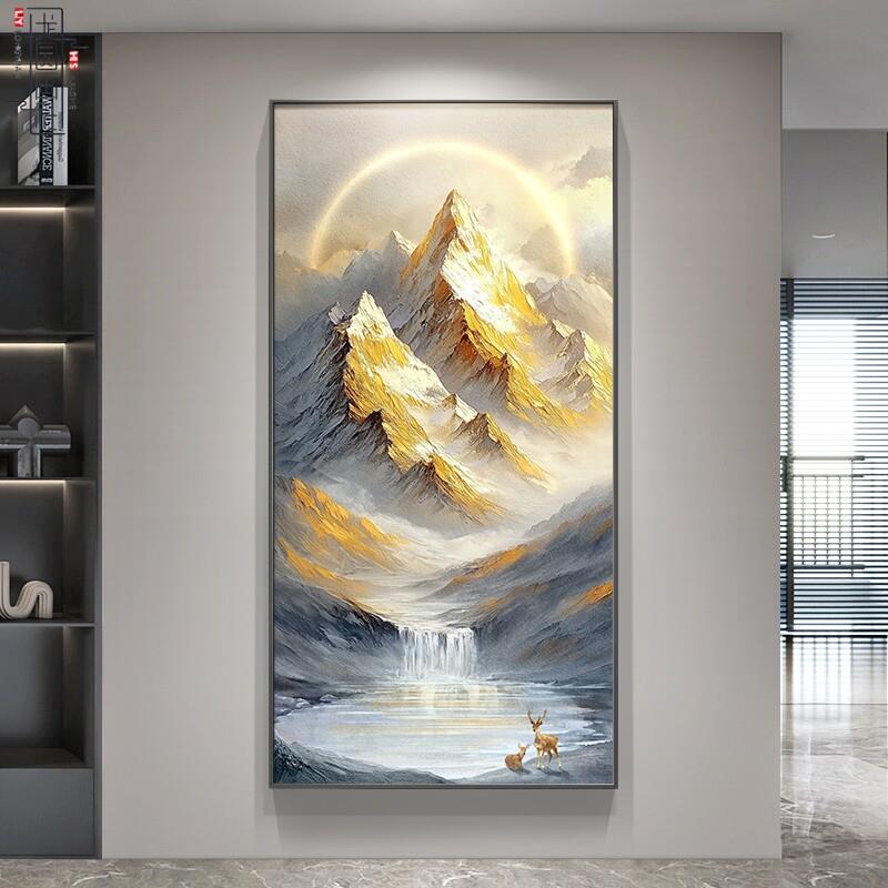 日照金山现代轻奢玄关装饰画入户门挂画聚宝盆山水画竖版高档壁画