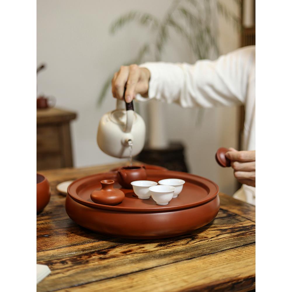 潮州准尼茶船紫砂茶盘手工家用鼓形铜钱功夫茶具干泡茶桌壶架10寸