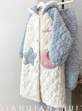珊瑚绒睡袍女士秋冬季长款加绒加厚特厚三层夹棉袄冬天家居服睡衣