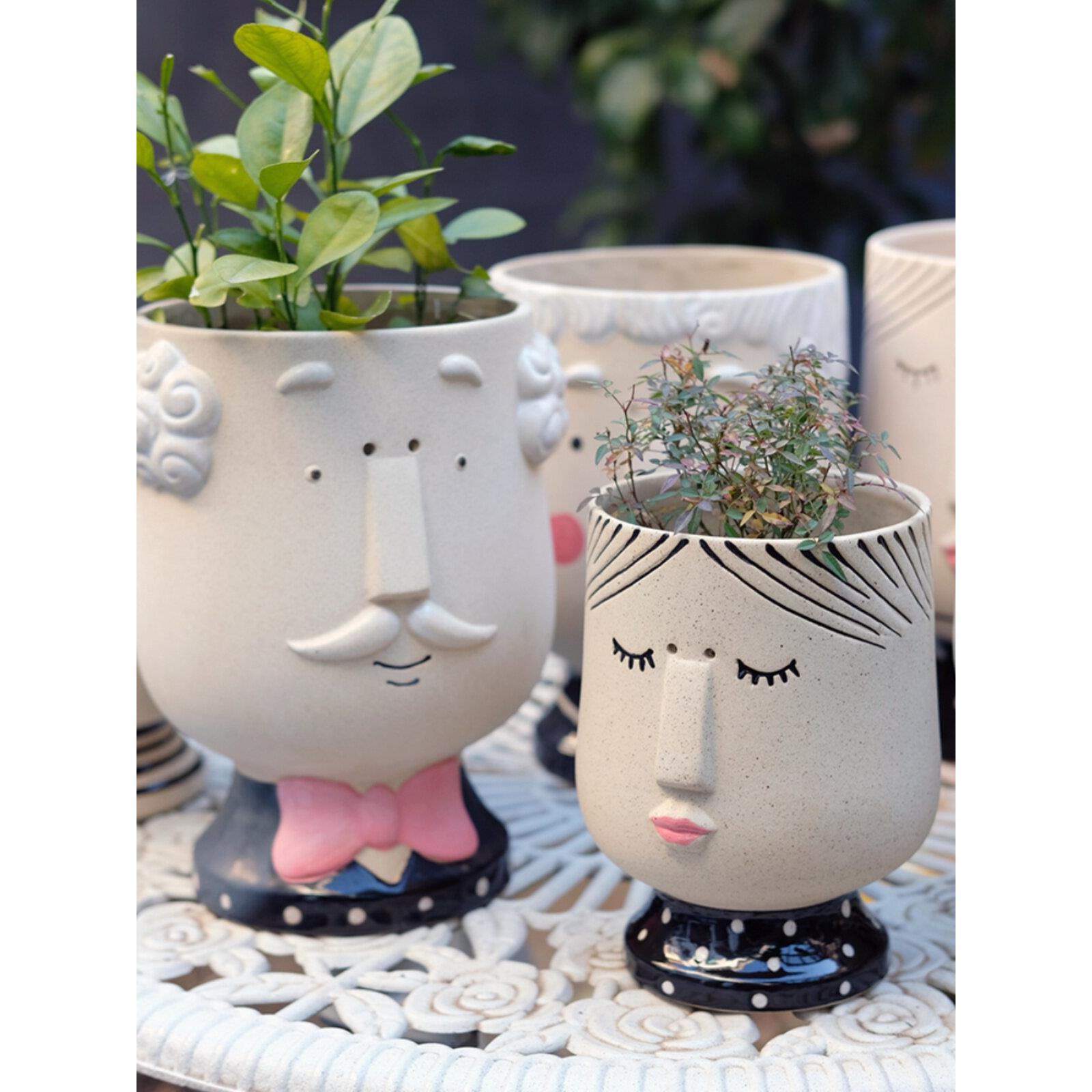 出口欧洲人头人脸粗陶花盆花瓶创意花器文创立体装饰摆件