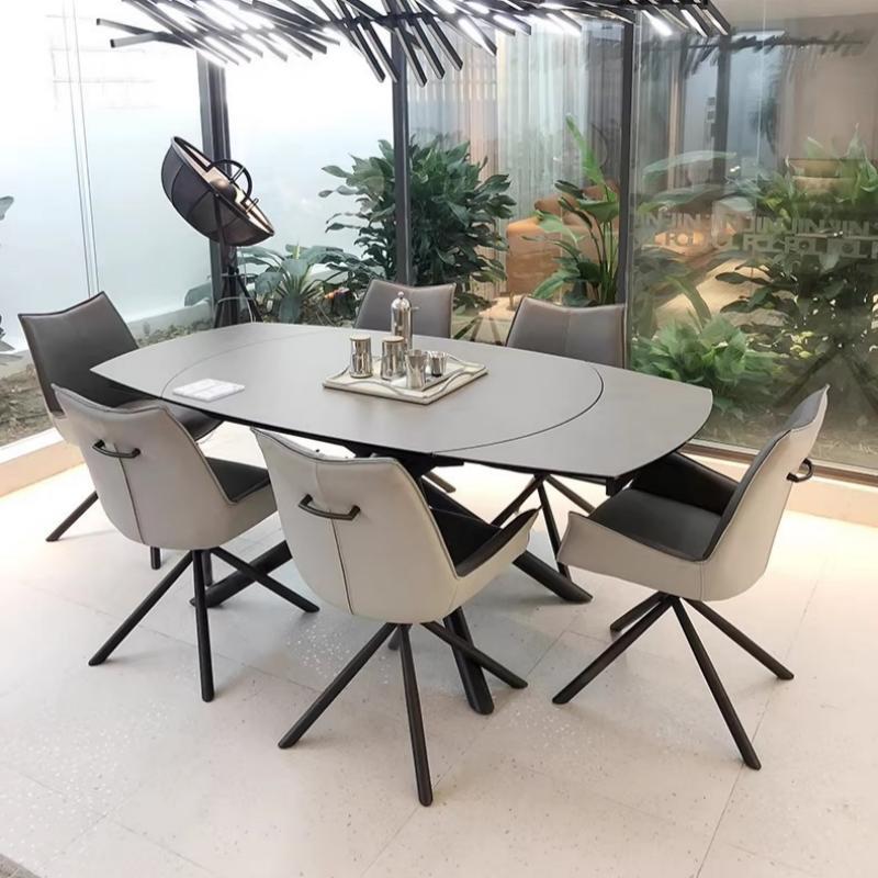 意式极简小户型岩板可伸缩餐桌现代简约桌子椭圆形旋转餐桌椅组合