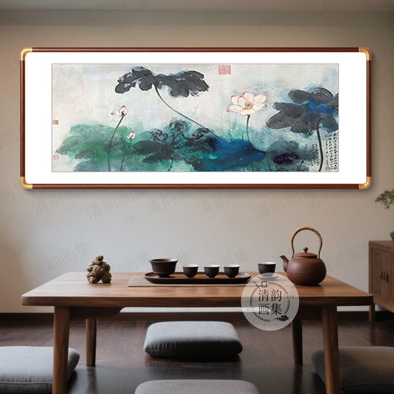 新中式荷花国画餐厅客厅沙发背景实木有框装饰画悬挂式现代装饰画