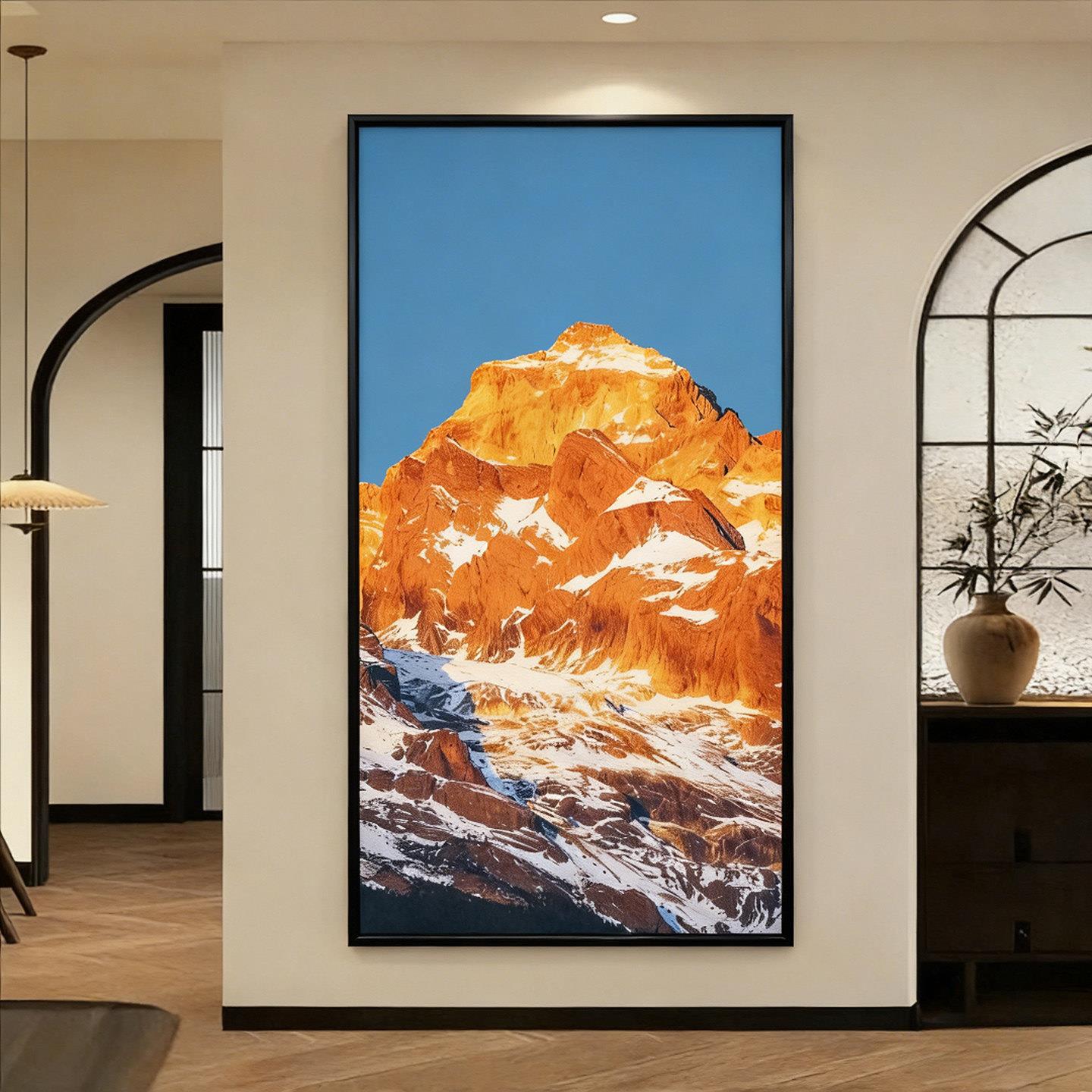 玄关风景装饰画肌理质感砂岩画日照金山壁画客厅山水画有框可定制