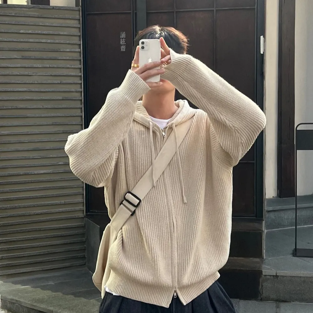 针织开衫男秋季薄款休闲拉链连帽纯色高级感韩版外套时尚百搭上衣