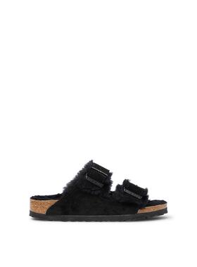 代购Birkenstock女士凉鞋透气软底轻便吸汗绒面革带扣素色黑色