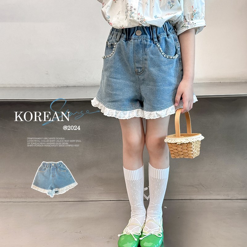 女童牛仔短裤2024夏季新款童装儿E童韩版花边休闲裤薄款五分裤子