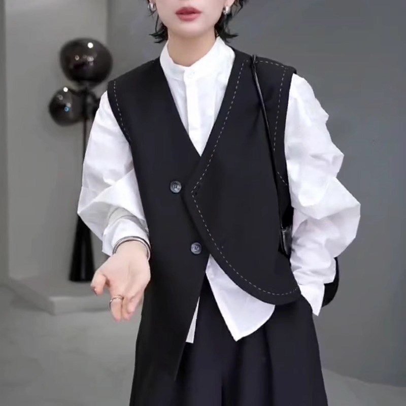 女士时尚外穿马甲2l025春秋新款设计感小众不规则明线西装马夹上