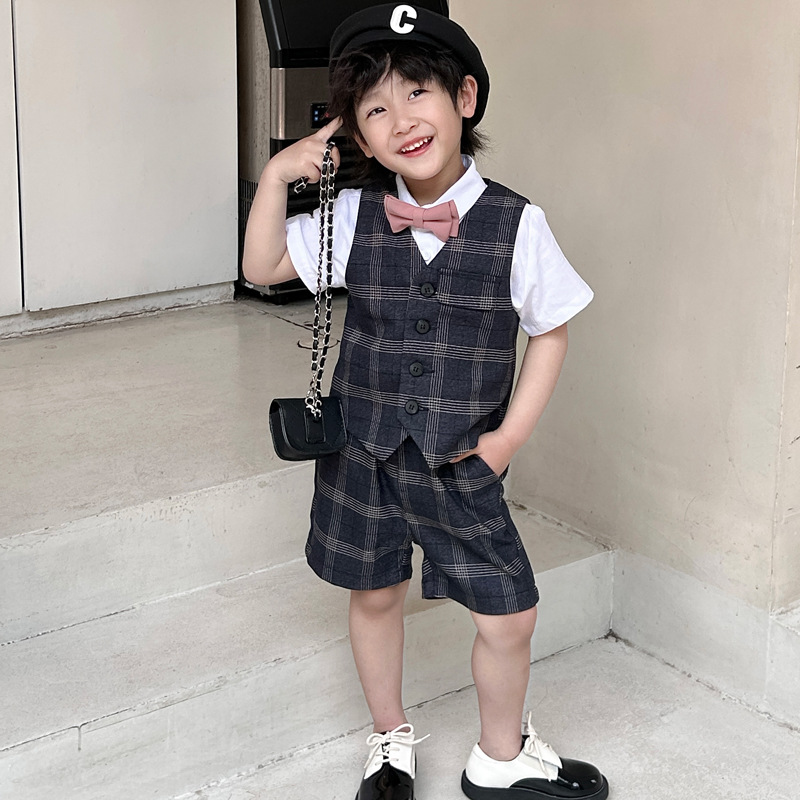 花童男童西装马甲套装夏季主持人礼服男J孩生日Q六一儿童走秀演出