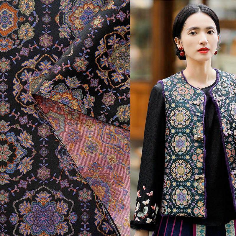 复古黑底紫色宝相花色织提花缎面料中式旗袍汉服马甲套装抱枕布料