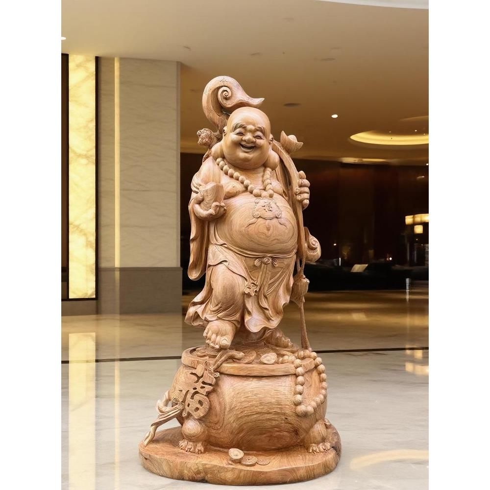 大型弥勒佛像实木雕刻饰品纯手工樟脑关公关羽财神根雕落地红豆杉
