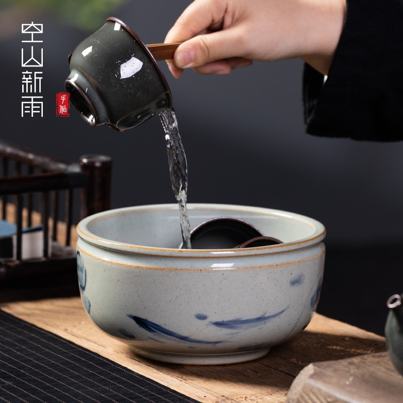 青花瓷茶洗大号家用笔洗陶瓷茶具配件洗茶碗茶道零配特大水盂水洗