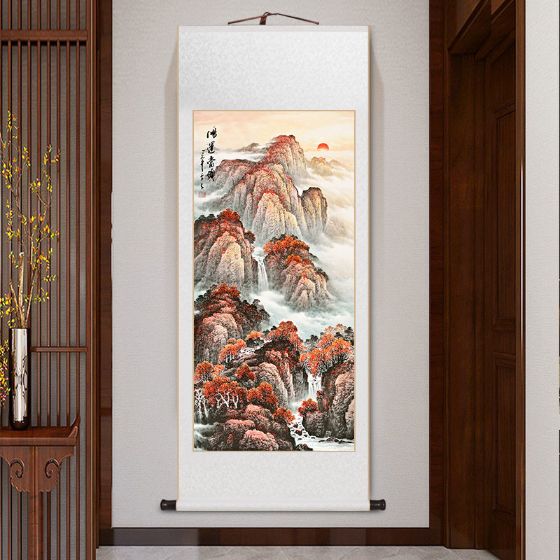 鸿运当头国画山水挂画竖版客厅玄关装饰壁画办公室靠山图卷轴字画