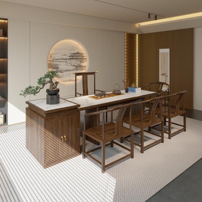 新中式岛台岩板茶桌客厅家用小户型茶台实木泡茶桌椅组合现代简约