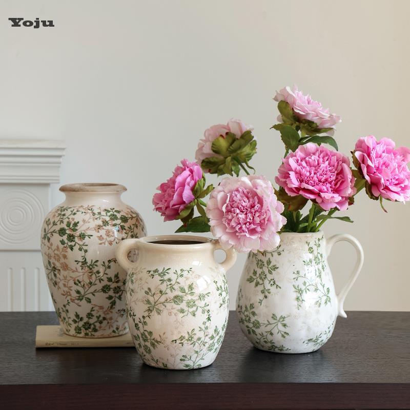 中式覆古冰裂纹芍药陶瓷花瓶轻奢高级感摆件民宿装饰青花瓷鲜花器