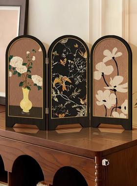 新中式中古风飞鸟屏风桌面摆件茶桌家居装饰品覆古艺术客厅摆画