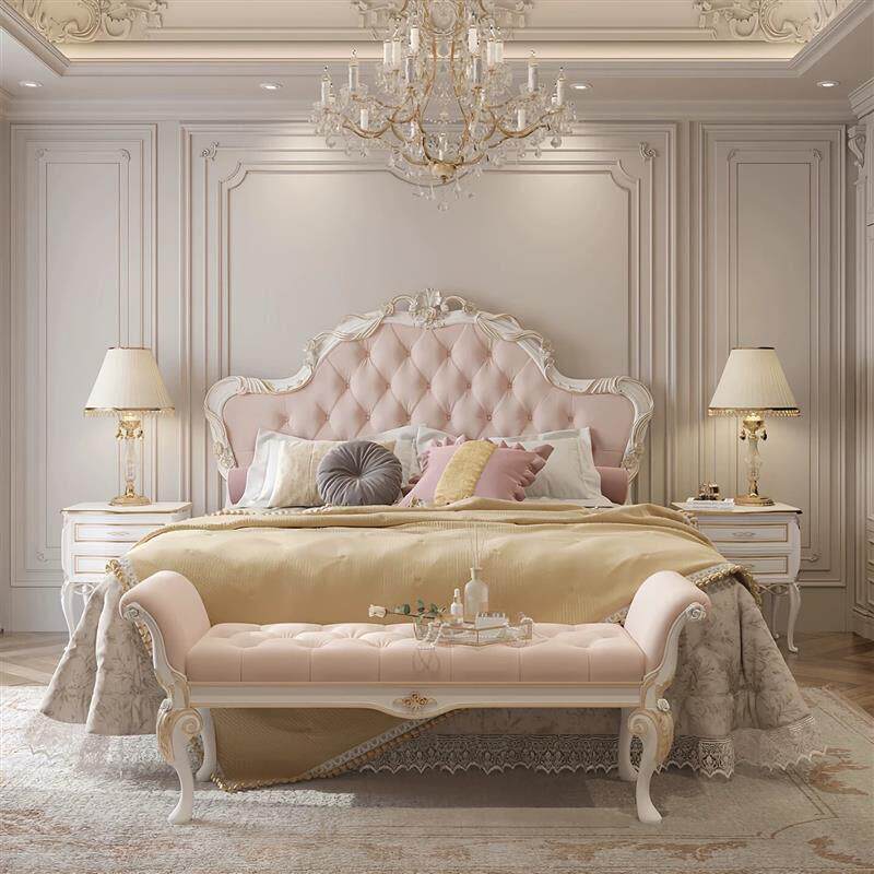 法式轻奢宫廷风实木雕花奢华别墅粉色公主床主卧1.8米婚床